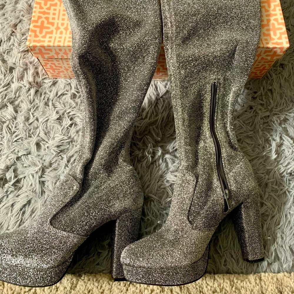 Gianni Bini over knee thigh height silver platform heeled boots